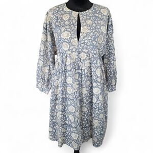Beau & Ro Dusty Blue Floral Hand Block Print Cotton Boho Peasant Dress Small